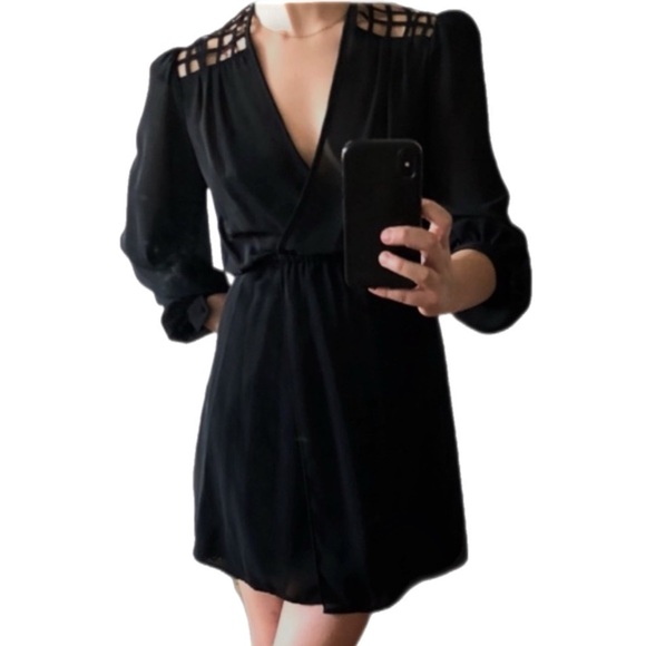 Vintage Dresses & Skirts - Vintage Black Sheer V-neck Mini Dress w/ Caged Style Lattice Open Back
